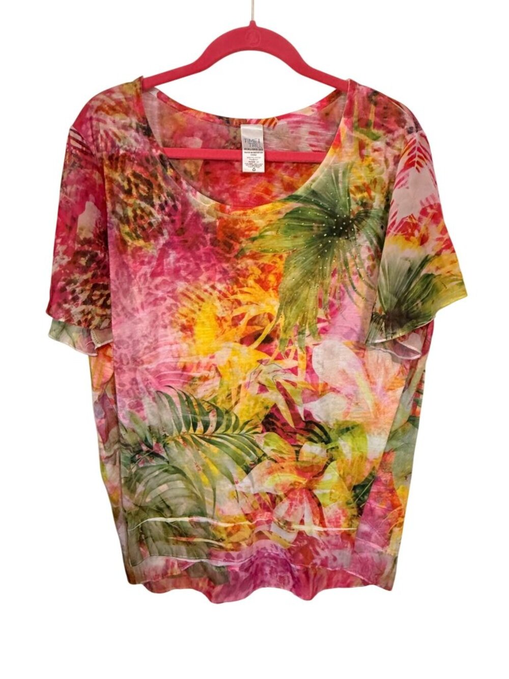 Time and Tru Top Multi Tropical Floral S/S Rhinestones Womans 3X
